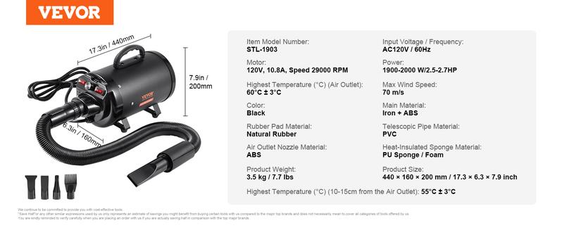 VEVOR Dog Dryer, TikTokShopBlackFriday, 2000W/2.7HP Dog Blow Dryer, Pet Grooming Dryer with Adjustable Speed and Temperature Control, Pet Hair Dryer with 4 Nozzles and Extendable Hose, Black VEVOR Dog Dryer, TikTokShopBlackFriday, 2000W/2.7HP Dog Blow Dryer, Pet Grooming Dryer with Adjustable Speed and Temperature Control, Pet Hair Dryer with 4 Nozzles and Extendable Hose, Black