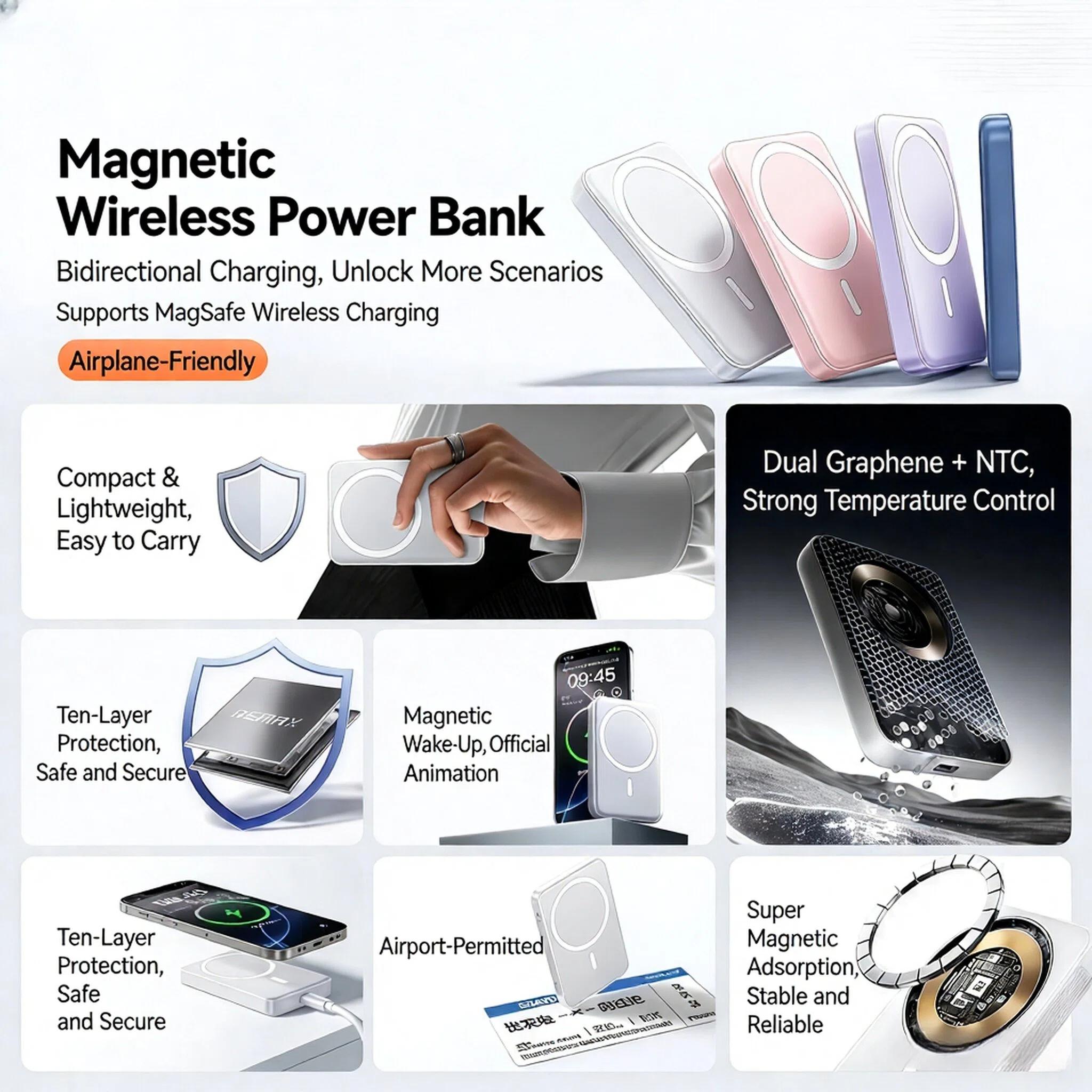 MagSafe Magnetic Power Bank, compatible with all iPhone models from 8 to 17, features magnetic fast charging, 5000/10000mAh dual capacity options, and is a wireless portable power bank available in three colors.