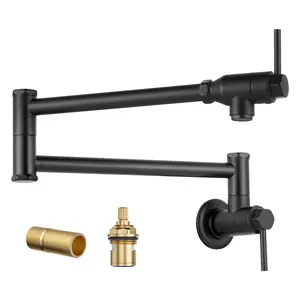 WOWOW Contemporary Wall-Mounted Solid Brass Double-Handle Kitchen Faucet, Pot filler with Double Joint Swing Arms in Matte Black