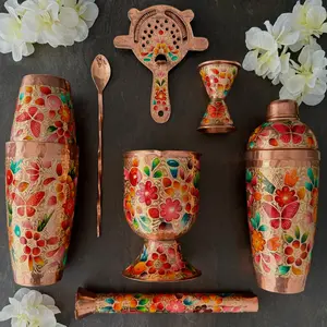 Mexican Handmade Copper 7-Piece Barware & Bar Tools Set- LYYE Flowers Shaker Utensils