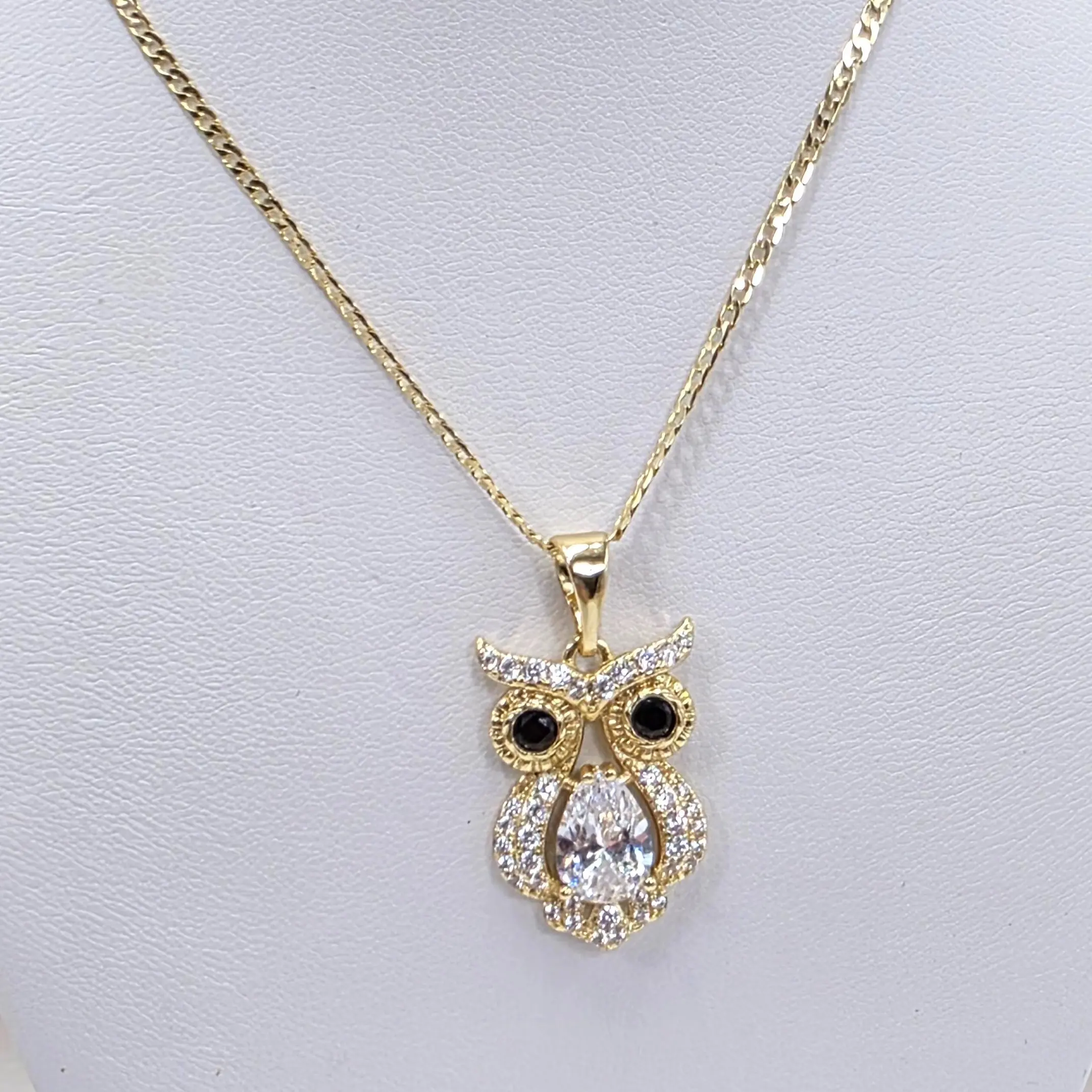 Women's Gold-Plated Owl Pendant Necklace, 23-in Cuban Chain with Cuban Link Design, Elegant Bling Costume Jewelry Gift, Daily Wear, Owl Shape