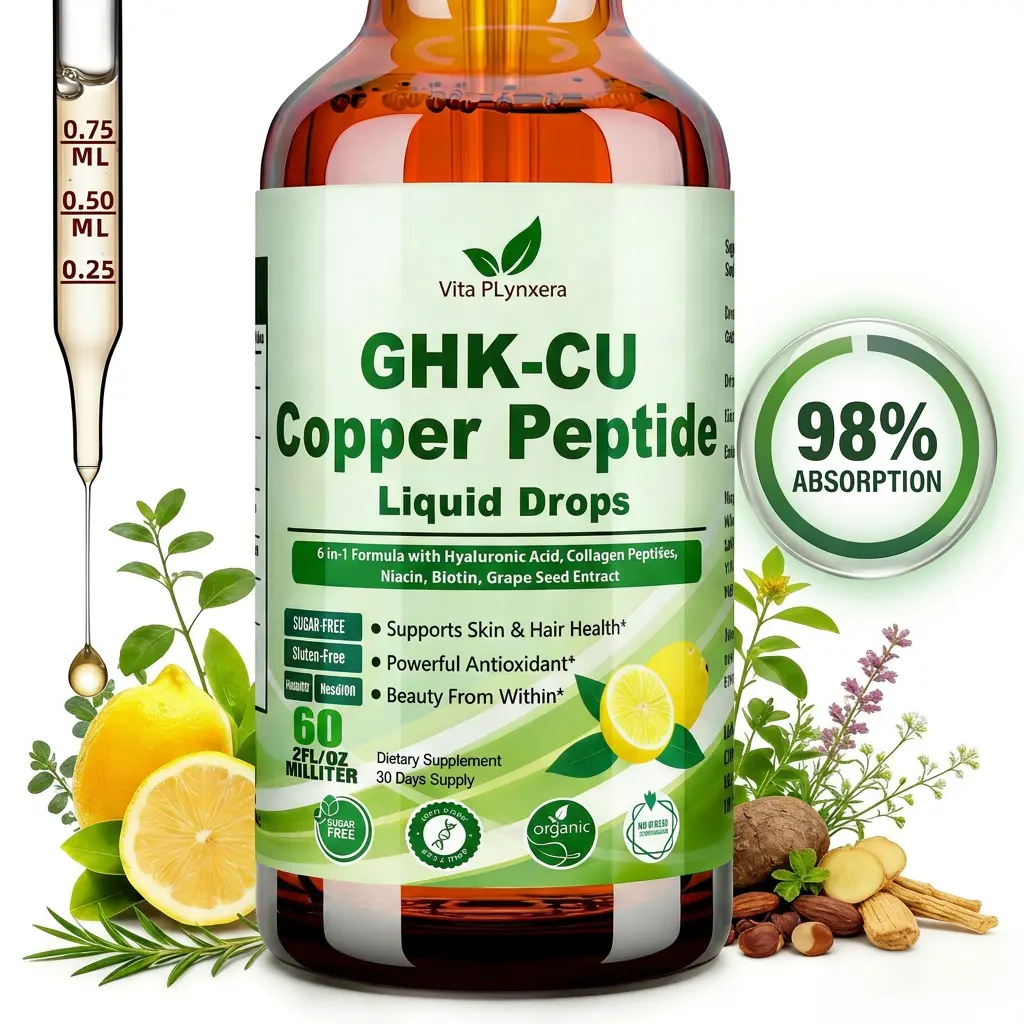 GHK-CU Peptide Supplement Liquid Drops, Premium 6-in-1 GHK CU Copper Peptides w. Marine Collagen Hyaluronic Acid Biotin for Anti-Aging, Skin Hair Growth Support, Oral DropsWomen Men