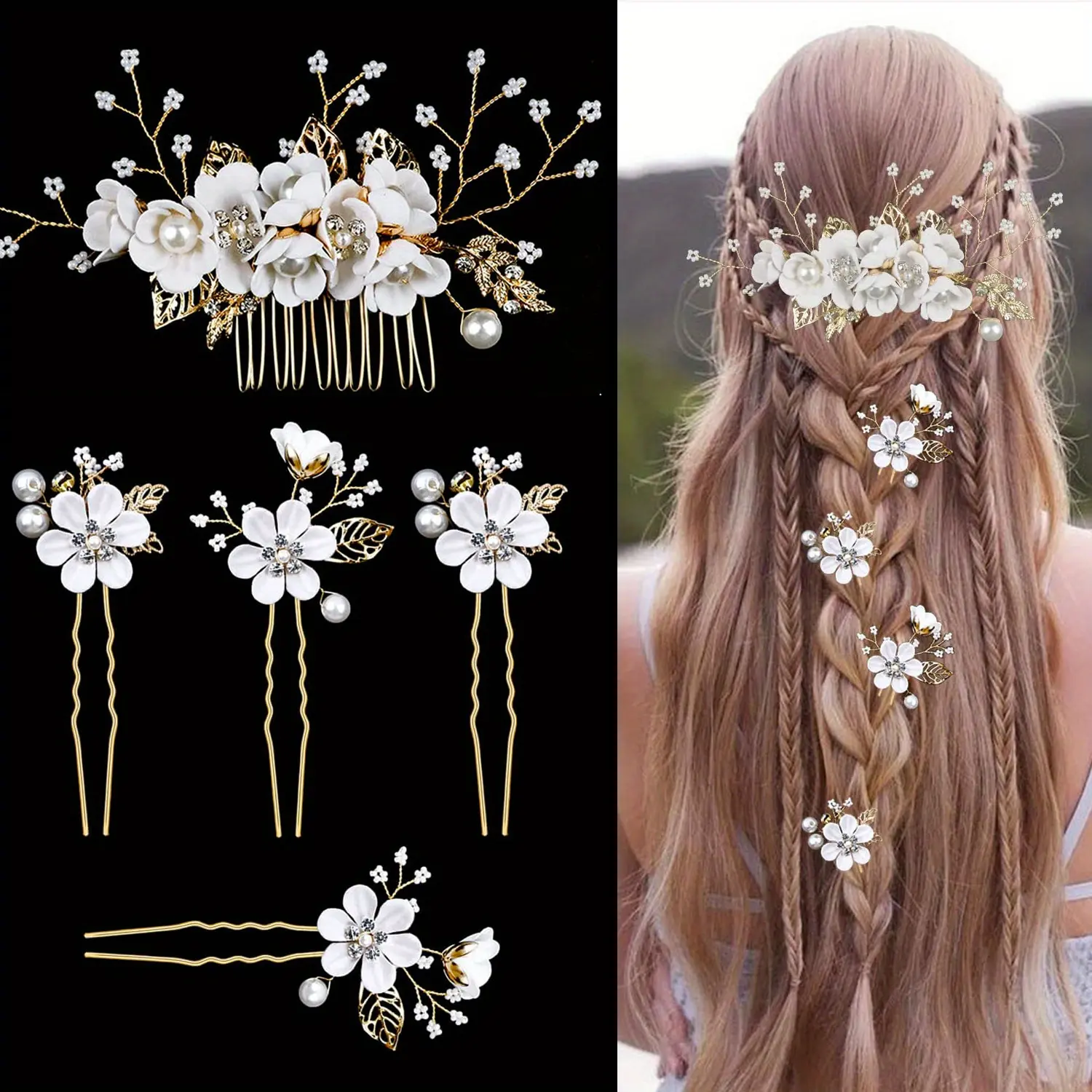 5 Pack Bridal Flower Wedding Hair Pins Crystal Pearl Hair Clips Headpiece Gold Wedding Hair Accessories Jewelry with Rhinestone for Brides Bridesmaids Women Girls Updo (Pure White Flower)