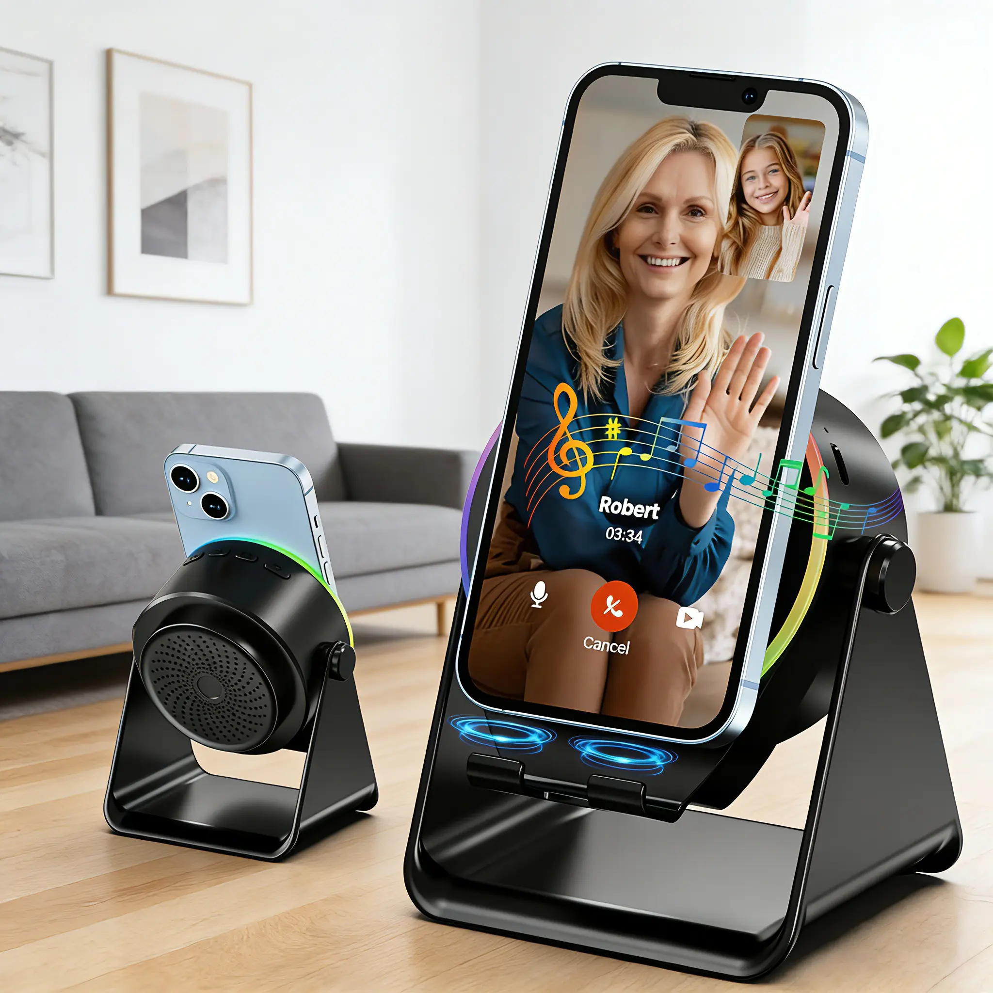 Desktop Portable Bluetooth 5.3 Speaker 5 in 1 | 360° Phone Stand with RGB Light, High Power Wireless Induction Speaker, Cool Tech Gadget Gift for Men Dad