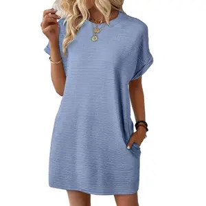 Women's Summer Casual T-Shirt Dress - Loose Fit Round Neck Short Sleeve Mini Dress with Pockets - Soft Textured Boho Sun Dress 2026