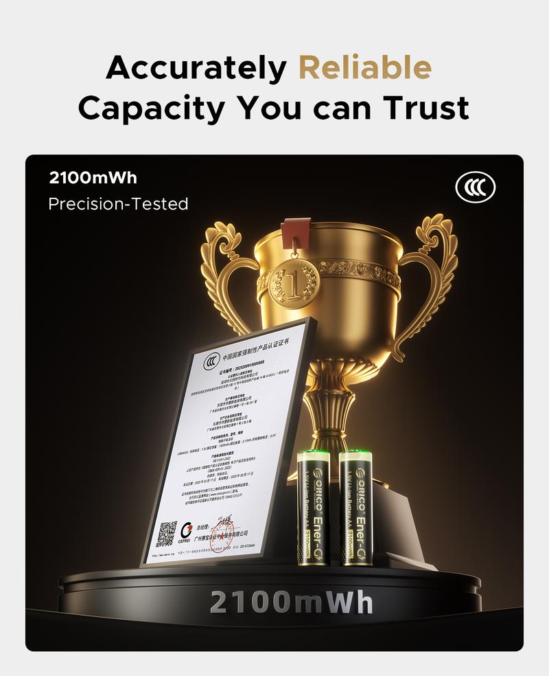 ORICO Ener-G Lithium ion Battery Rechargeable AA Lithium Battery 1.5V 2100mWh USB-C Charging 2H Fast Charging Over 1500 Cycles for Camera Controller Clock Flashlight Toys EG5C