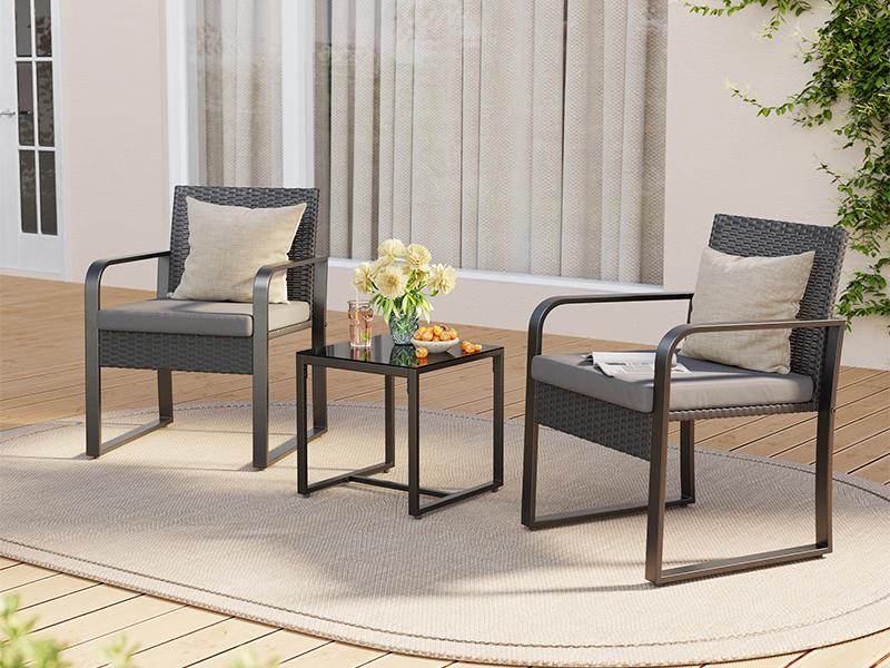 Gizoon 3 Piece Patio Bistro Set, Outdoor Black Wicker Furniture Sets, Modern Rattan Chair Conversation Sets with Coffee Table, for Yard, Garden, Balcony, Poolside, Grey Lounge Home