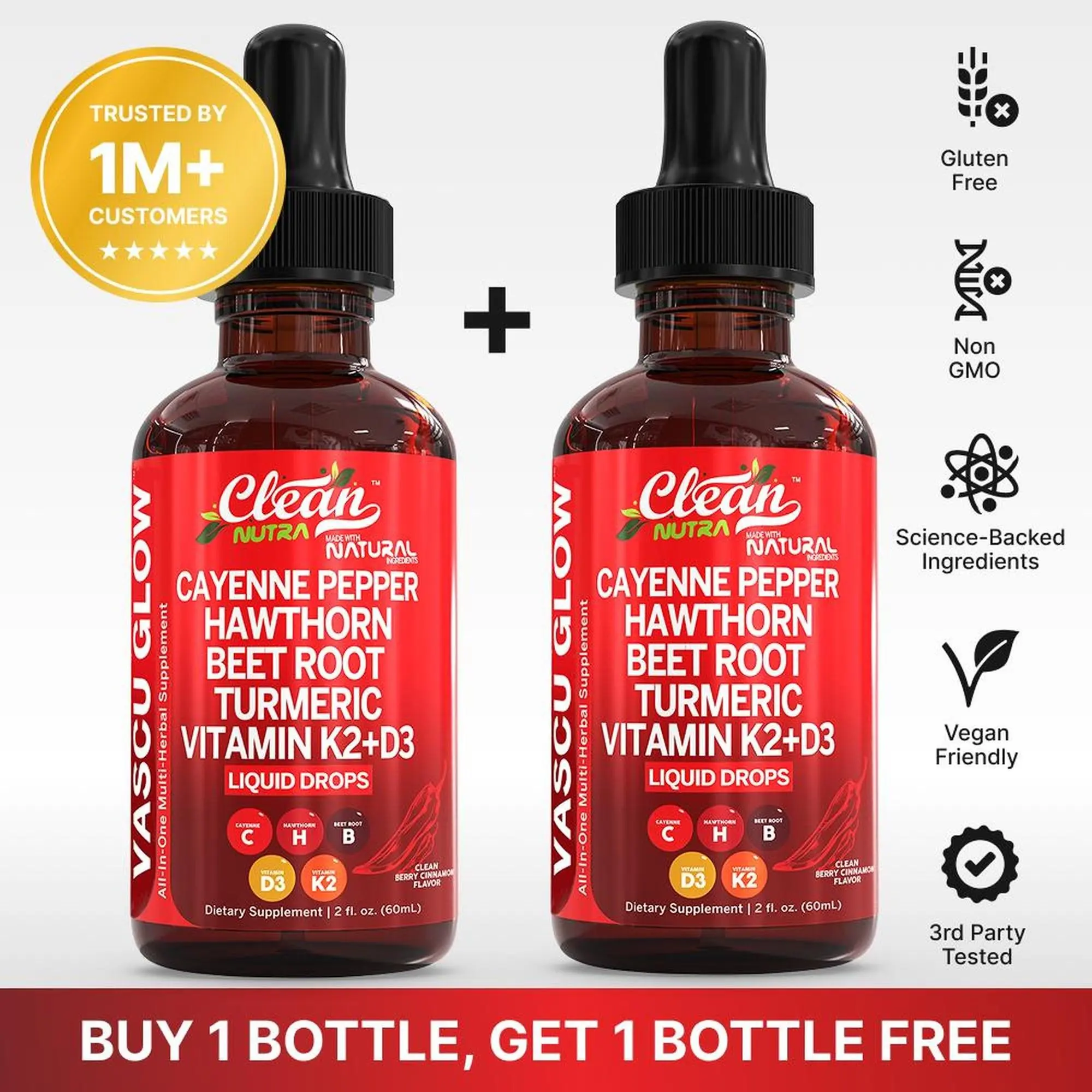 Clean Nutra BOGO | Cayenne Pepper Drops Supplement + Hawthorn Berry, Vitamin D3 K2, Organic Beet Root Powder, Ceylon Cinnamon, Turmeric Curcumin, Panax Ginseng & More Health Wellness Supplement Liquid Drops – Vascu Glow