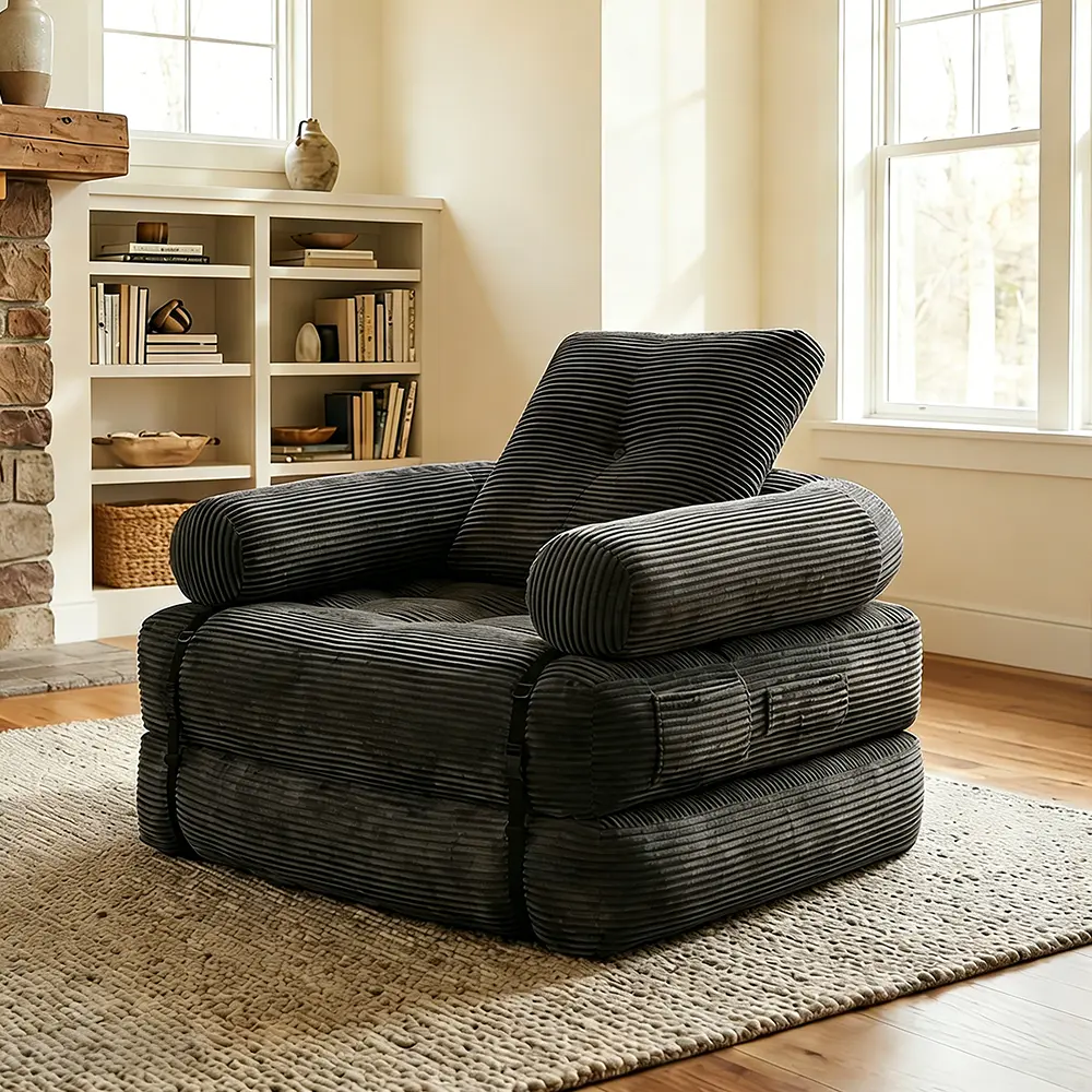 1-Person Convertible Sleeper Chair - Single Comfy Couch with Foldable Reclining Sofa Bed, Foldable Mattress, Pillow, Back Support, Upholstered Padded Seat, Classic Design for Bedroom, Space Saving Indoor Furniture & Guest Use, Chair For Bedroom, Corduroy