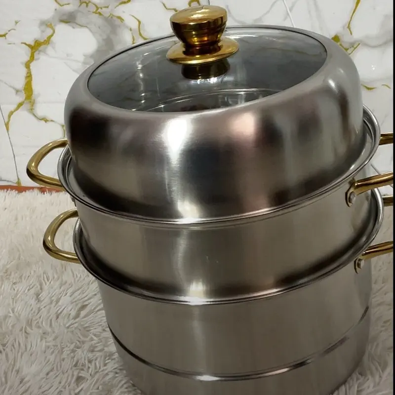 3-Tier 28cm  Steamer and Pot Set with Gold Handles and Glass Lid for Efficient Cooking.     28cm, 4.8lb