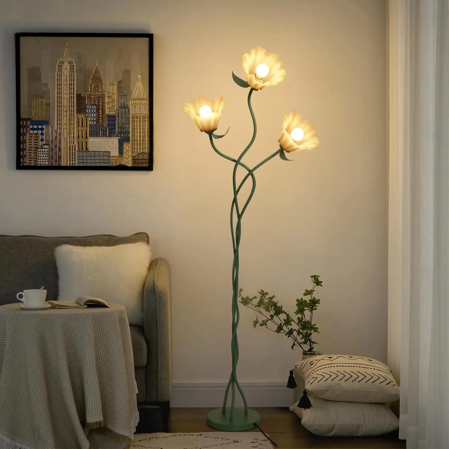 Elegant 3-Head Flower Floor Lamp with Adjustable Gooseneck, 3 Color Modes, Tall Corner Standing Lamp for Living Room Reading, Bedroom Use, Vine Floral Lily of the Valley Decor, Romantic Bedroom Accessories, Room Decor, Living Room Decor