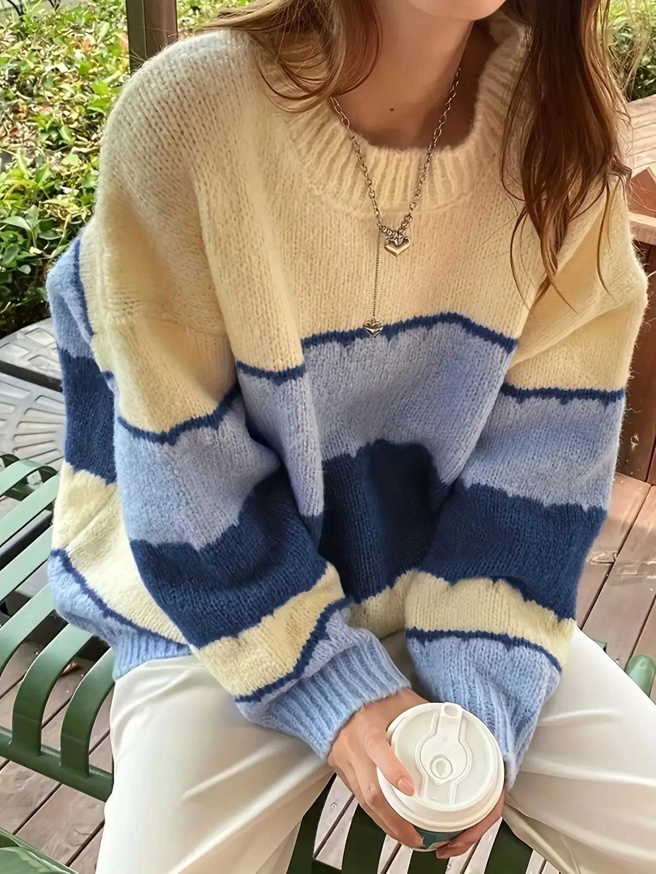 Women's Striped Color Block Fuzzy Fluffy Knit Sweater, Casual Knitting Top Long Sleeve Round Neck Fitted Pullover for Fall, Everyday Ladies Clothes for Daily Wear, Casual Pullovers