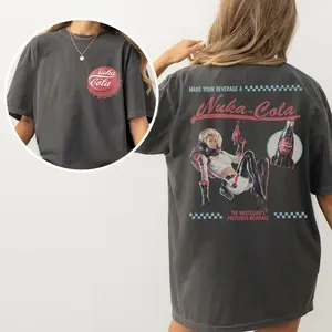 Fallout Graphic T-Shirt, Retro Nuka Cola Bottle Cap with Vintage Ad on Back, Video Game Shirt, Fall Out Vault Tec Memorabilia Merch Tee