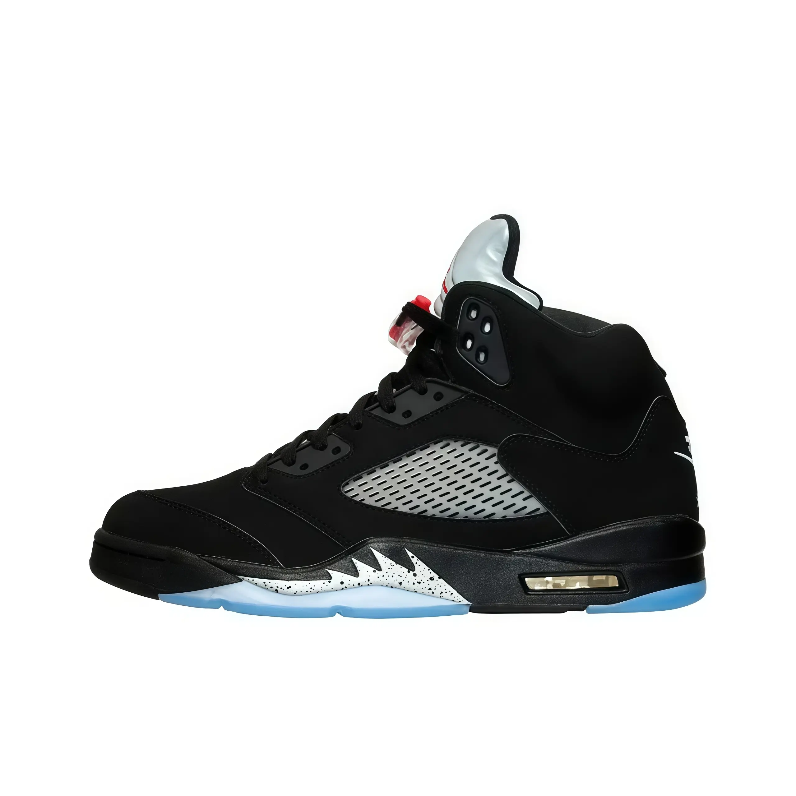 High top basketball sneakers black suede upper silver speckled shark‑tooth trim mesh side panel icy blue translucent outsole lace lock air cushioned midsole streetwear performance unisex sport footwear