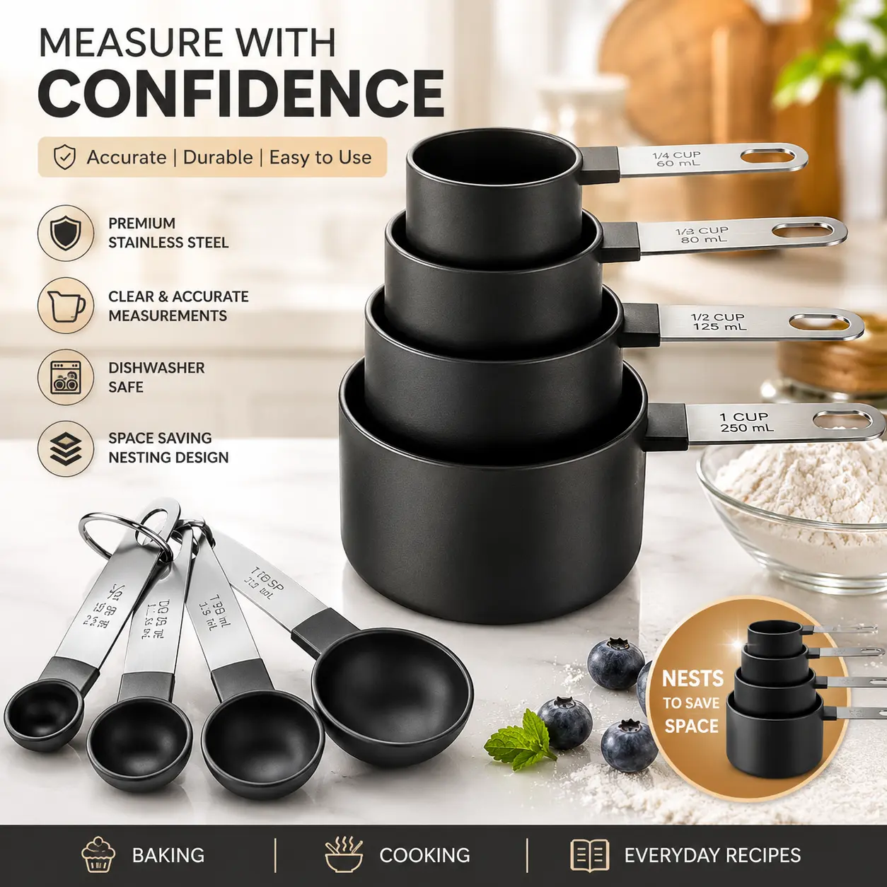 Stainless Steel Measuring Cups and Spoons Set - 8 Accurate Rust-Resist Steel Detachable Nesting Tools with Metal Handles, 15ml (1 tbsp) Metric Units, Hanging Utensils for Baking, Coffee Prep (Dry/Liquid Measurement)