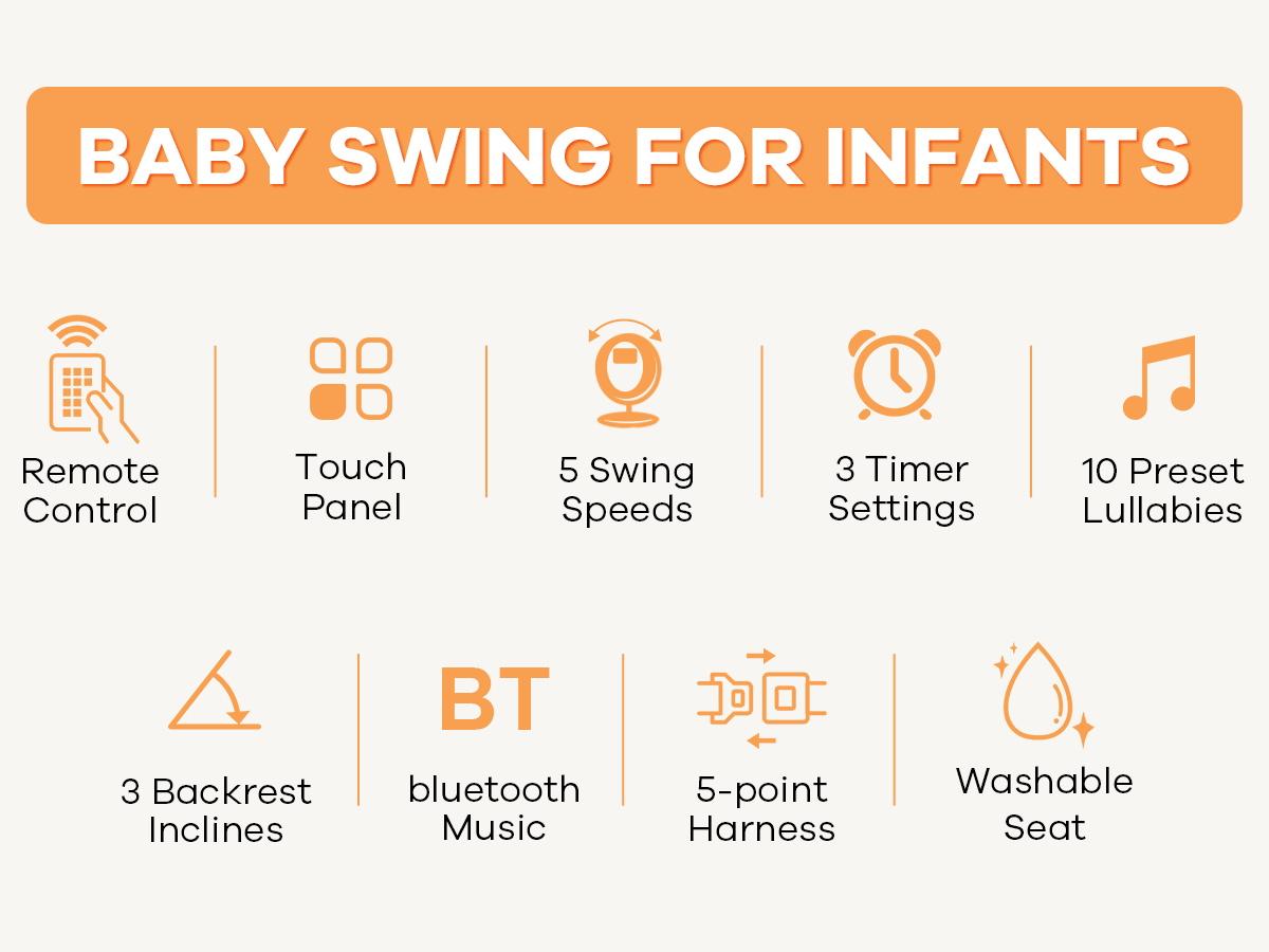 Baby Electric Bouncer for Infants,Baby Swing,5 Speeds and 10 Lullabies,Bluetooth Music,Remote Control,Adjustable Backrest,Indoor Use
