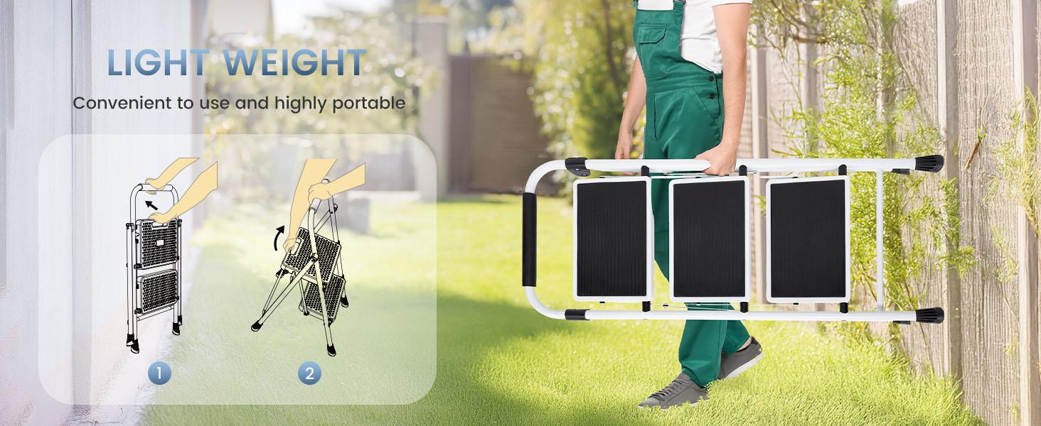 Step Ladder, 3 Sturdy Step Stool with Anti-Slip Pedal & Comfortable Handrail, 330lbs Capacity, Portable Heavy Duty Step Stool for Kitchen, Garage & Outdoor Use