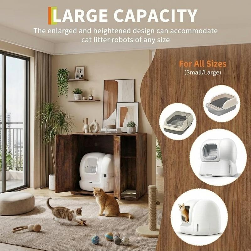 Large Robot Enclosure Cabinet, Cat Litter Box Furniture with Built-in Power Outlet, Dog-Proof Storage Shelf, Non-Slip Mat, 5 Ft Cord, Fits Automatic Self-Cleaning Litter Boxes, Easy Assembly, Brown