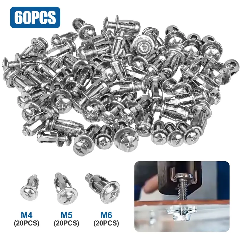 60PCS Metal Cavity Fixing Hollow Wall Anchors for 0-5mm Door Wall,M4,M5,M6,Expansion Screw Petal Nut,Aluminium Cladding, Steel Pipe, Iron Sheet, Plastic Sheet