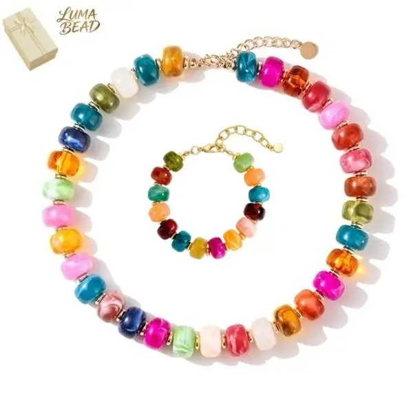 Chunky Colorful Necklace and Bracelet Set, Boho Resin Bead Statement Jewelry for Women, Adjustable for Beach & Festival Wear, Casual Jewelry Sets, Ethnic-Inspired Jewelry Sets