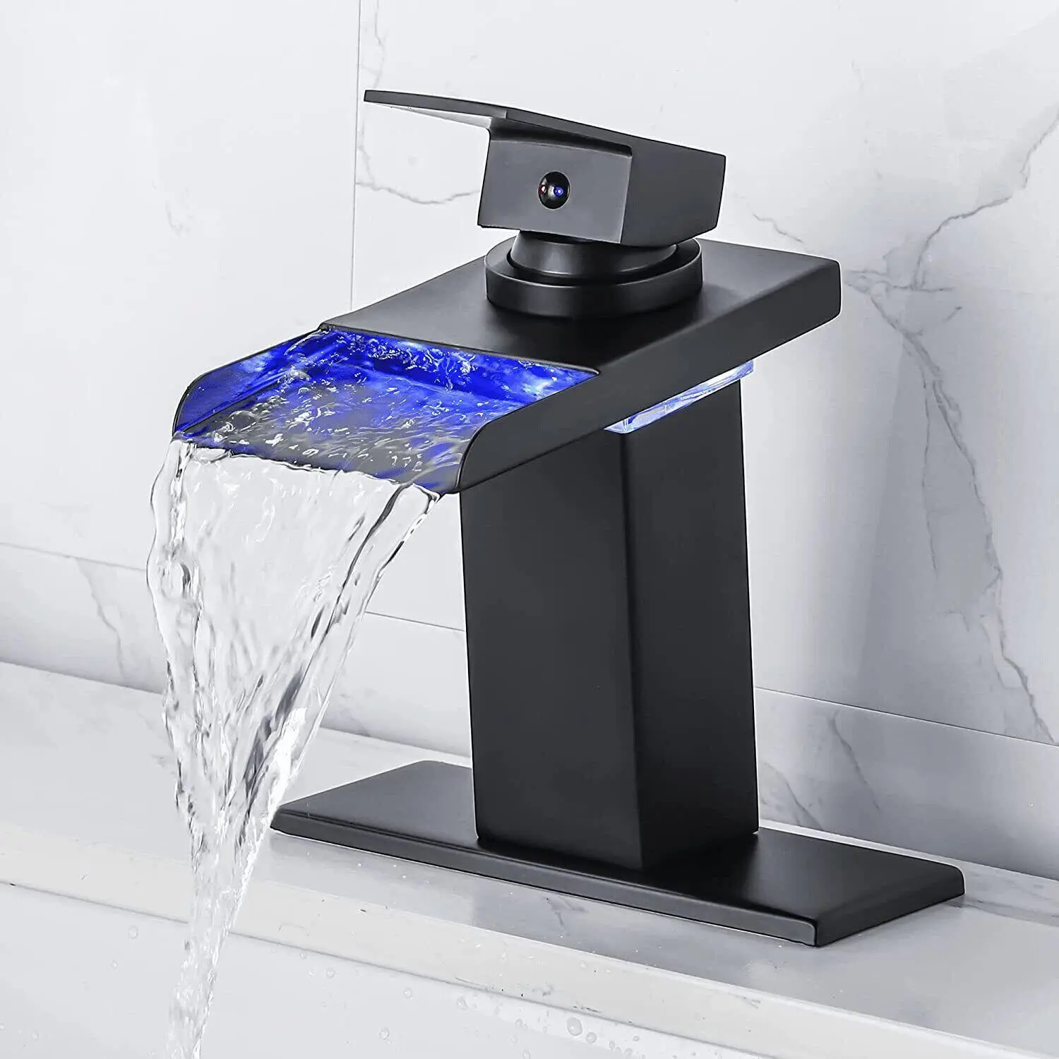 Modern LED Stainless Steel Bathroom Vanity Faucet - Matte Black Waterfall Single-Handle Lavatory Basin Mixer Tap, 1 or 3 Hole Compatible, 6" Cover Plate Included, Mixes Water, With Manufacturer Warranty, Faucets For Bathroom Sinks, Manufacturer Warrenty,