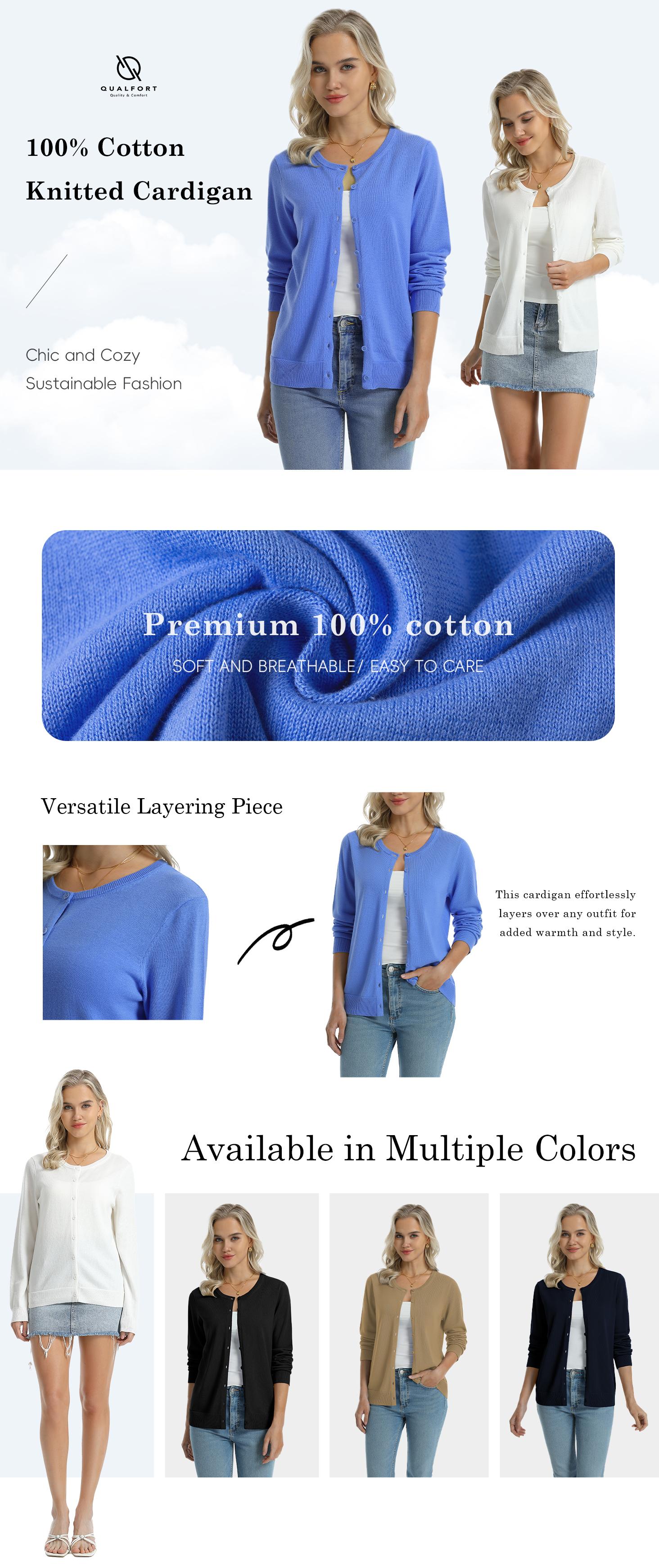 QUALFORT Women’s Spring Lightweight 100% Cotton Cardigan Long Sleeve Button Down Sweater