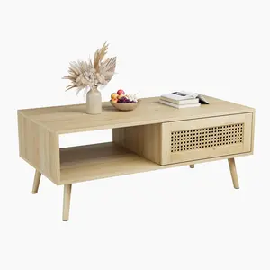 Rattan Coffee Table with Storage, Modern Boho 39.4" Coffee Table with Sliding Door and Open Shelf, Wood Center Table for Home Living Room and Small Space
