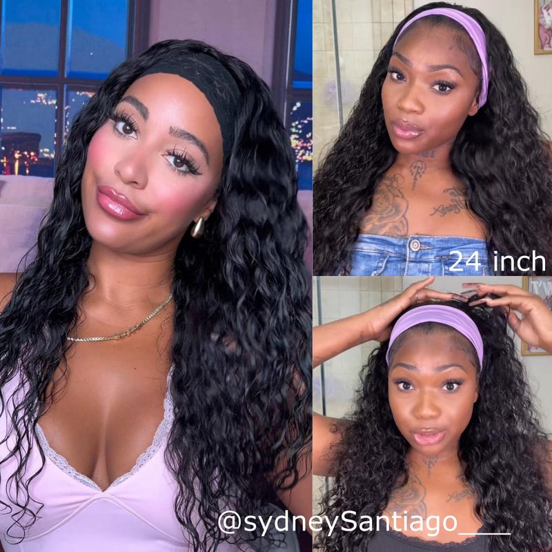 UNice Zero Stress Upgrade Water Wave Headband Wig Human Hair with Drawstring Glueless No Slipping Secure All Day Wigs for Beginners Friendly
