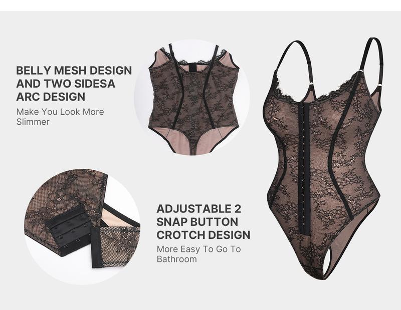 Shapellx Lace Glamour Thong Bodysuit Tummy Control Tops Front Button Design Sexy Womenswear Fit Skinny