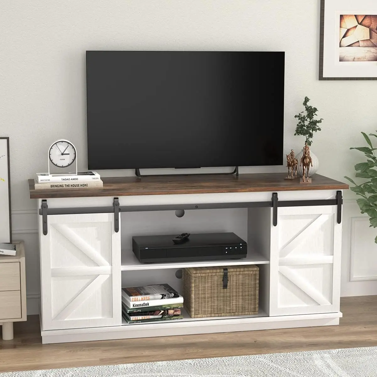 Furmax 58" Wood TV Stand with Sliding Barn Doors, Rustic Farmhouse Console Cabinet for Up to 65" TVs, Farmhouse Home Decor Indoor Bedroom Furniture