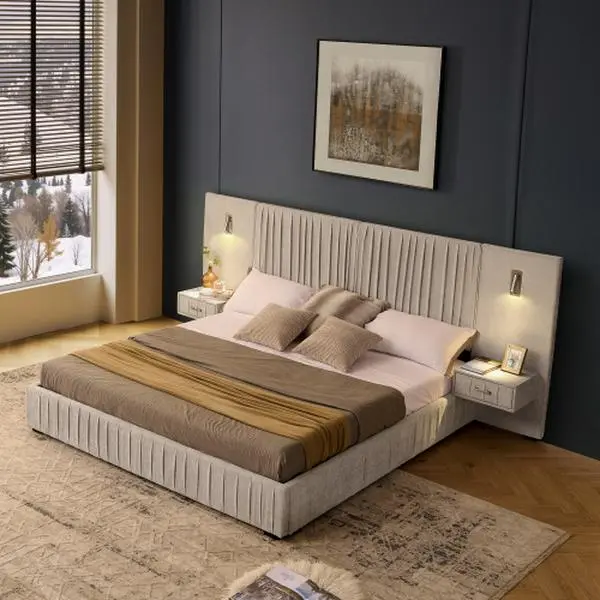 [Bellemave]King Size Upholstered Bed Frame with Chenille fabric with pleated design,Grounded King Size Platform Bed with Headboard and Solid Frame and the bedside table.No Box Spring Needed-Beige