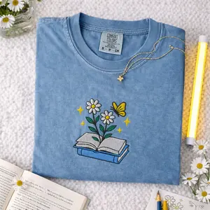 [Comfort Colors] Book And Flowers Embroidered Shirt Book Lover Floral Tee Moss Comfort Colors Reader Aesthetic Cottagecore Shirt