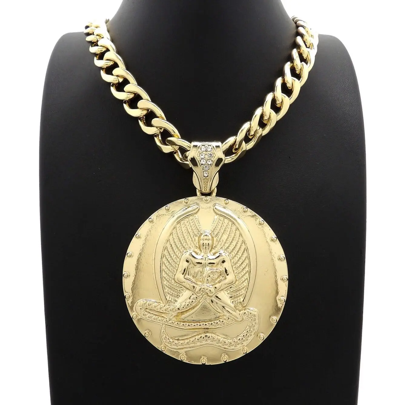 MaxBling81 Men's Gold-Plated Large Medal Pendant Necklace with 10mm Cuban Link Statement Chain, 18in/20in/24in/30in Lengths, Fashion Costume Jewelry Accessory (Gold Emblem Necklaces), Gold Statement Chain