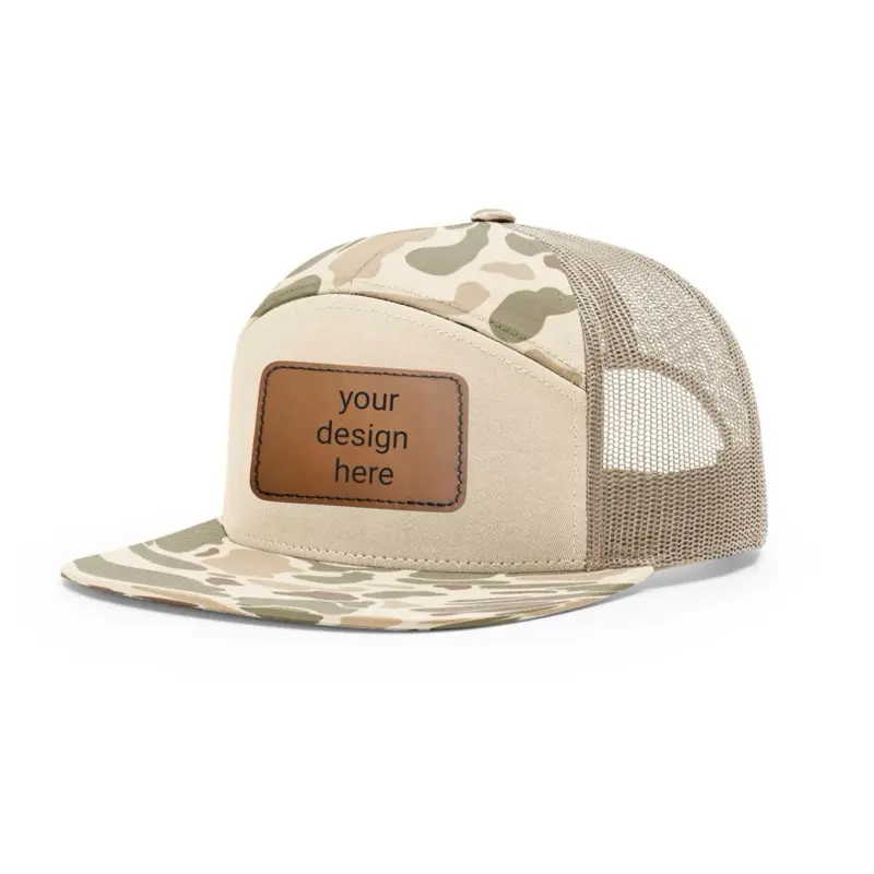 Custom 7 panel camo Richardson hat with leather patch