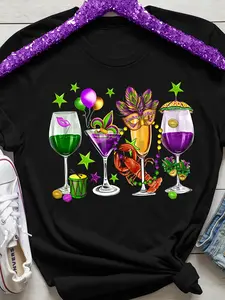 100% Cotton Women'S Carnival Party T-Shirt with Mardi Gras Beads Fleur-de-Lis Print - Short Sleeve Round Neck Casual Summer Top, Vibrant Green, Purple, Golden Black Colors, Breathable Fabric for Themed Events, Casual Attire Mar, Unisex, Graphic