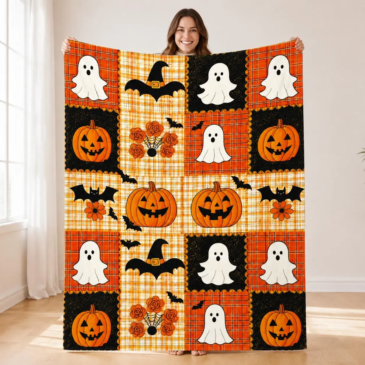 Countdown Sale Halloween Pumpkin Ghost Bat Plaid Patchwork Flannel Blanket Kids And Adults AC Blanket Soft Warm Cozy Throw Blanket Lightweight Sofa Bed Couch Bedroom Living Room Fall Autumn Home Decor Gift Viral Halloween Blanket Fall Blankets Decorative