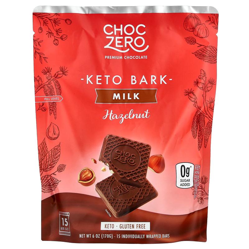 ChocZero Keto Bark, Milk Chocolate, Hazelnut, 15 Mini Bars, 6 oz (170 g)