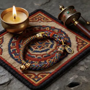 HENSY Tibetan Five-Color Braided Bracelet – Handmade Cotton-Linen Cord – Om Mani Padme Hum Prayer Wheel Beads – Bell & Wealth Protector Charms – Spiritual Unisex Blessing Gift