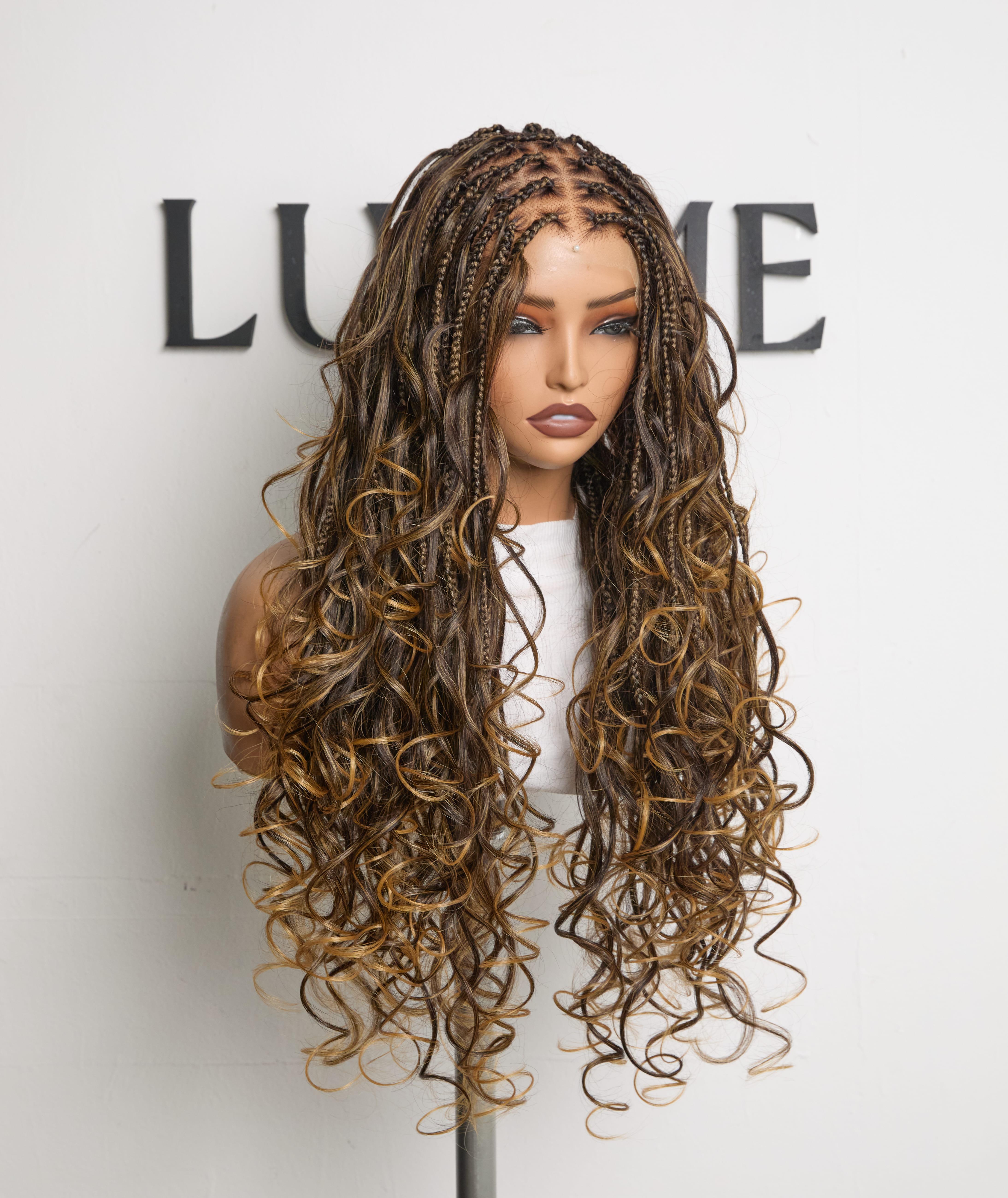 Luvme Full Lace French Curl Boho Braided Wig Knotless 26 inches HD lace Pre-Bleached Natural Hairline Pre-cut Lace