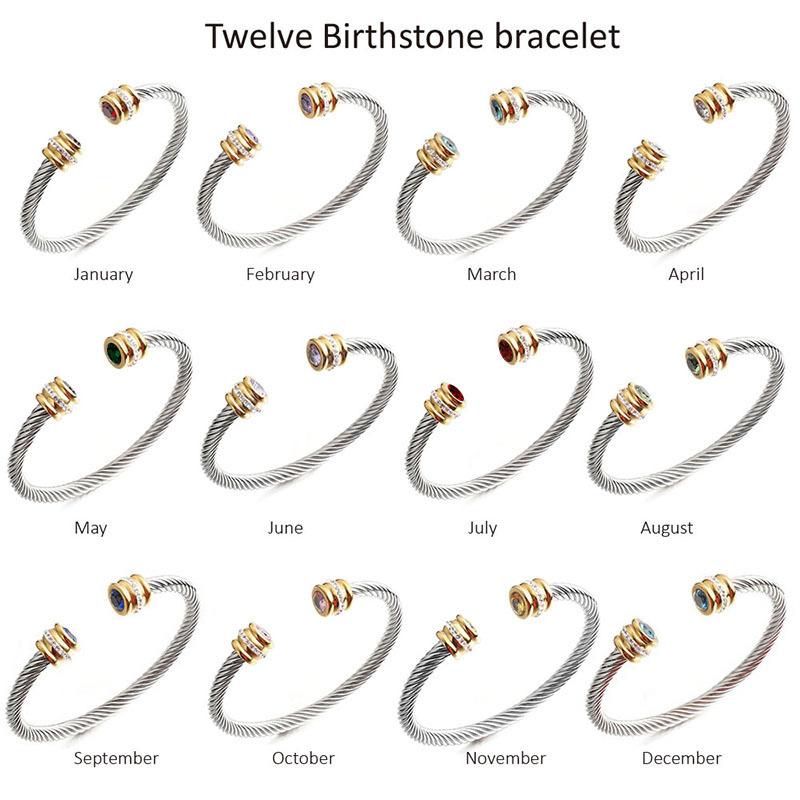 GGIRL Birthstone Stainless Steel Twisted Cable Cuff Bracelet For Men Womens, Multi-Color Cubic Zirconia 60mm Diameter  Fashion Jewelry Gift for Holiday Haul Christmas Birthdays Anniversaries