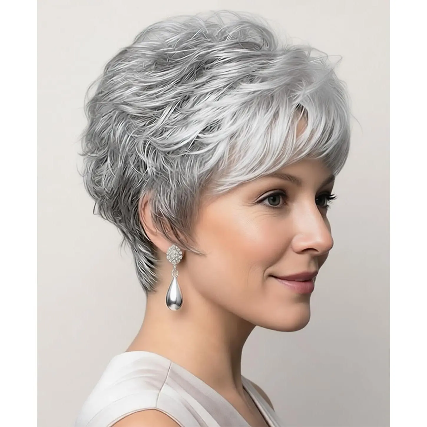 Short Grey Wigs for White Women Pixie Cut Gray Wigs with Bangs Natural Curly Synthetic Hair Short Mixed White Wig for Older Women