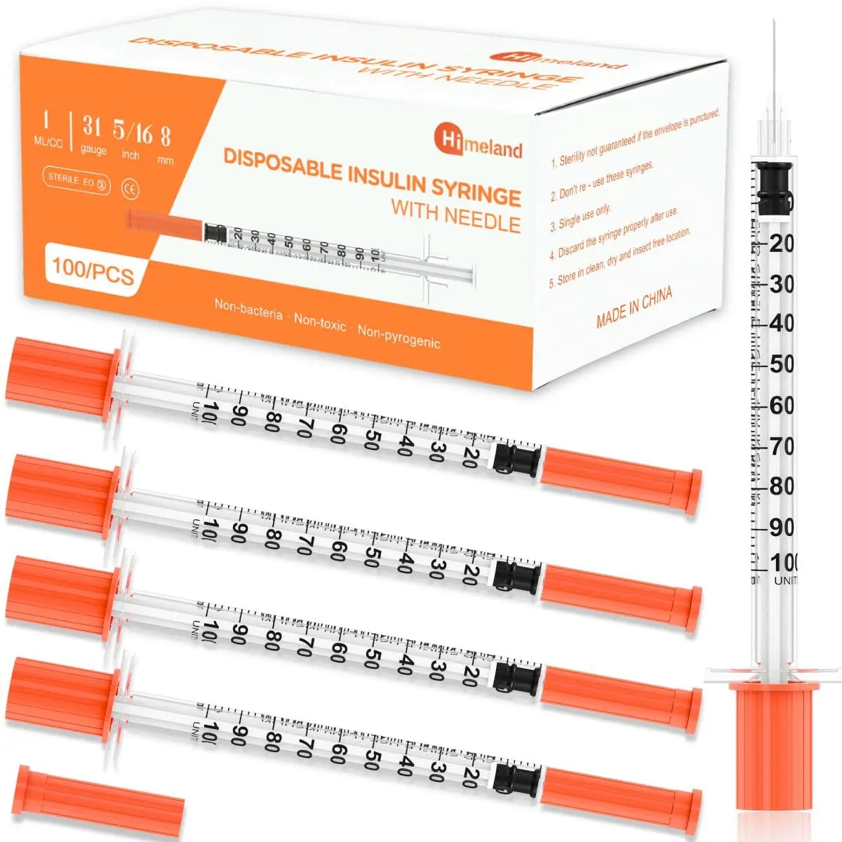 U-100 1ml/cc Disposable Insulin Syringe with 31G 5/16" (8mm) Needle |   100 Pack Individually Wrapped |   Lab Supplies