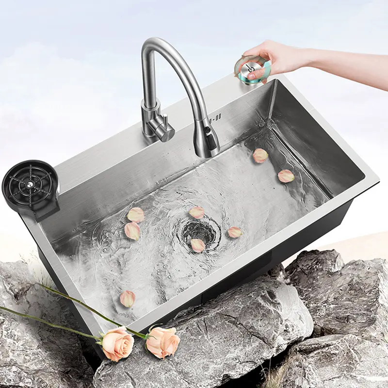 Single Bowl Kitchen Sink with pull-out faucet, cup washer, soap dispenser, drain basket &complete drain kit, 304 Stainless Steel Drop-in Sink with Central Drain, Faster Drainage Workstation Sink