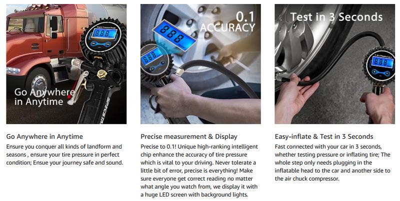 VIVOHOME 2 Pack Digital Tire Inflator with Pressure Gauge, Night Available 250 PSI Air Chuck and Compressor Accessories with Rubber Hose and Quick Connect Attachment for 0.1 Display Resolution