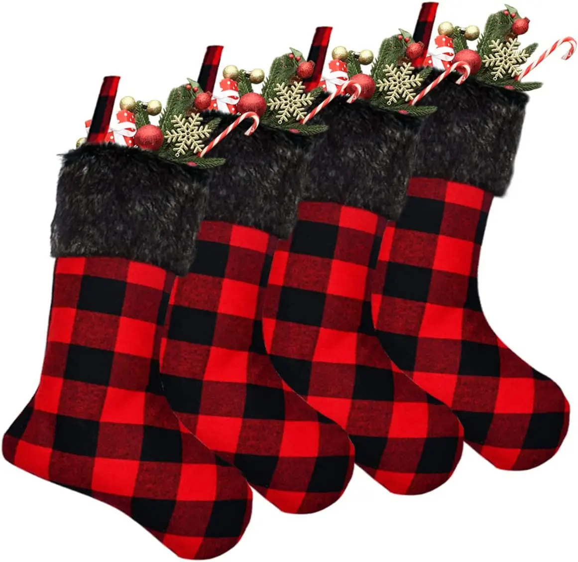 Senneny Christmas Stockings- 4 Pack 18" Red Black Buffalo Plaid Stockings with Plush Faux Fur Cuff, Classic Large Christmas Stockings Decorations for Family Christmas Holiday Party Decor