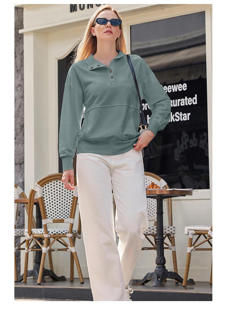 Shewin 2026 Spring Oversized Ribbed Pullover - Women's Button-Down Sweatshirt with Kangaroo Pocket, Comfy Casual Layering for Spring Outfits