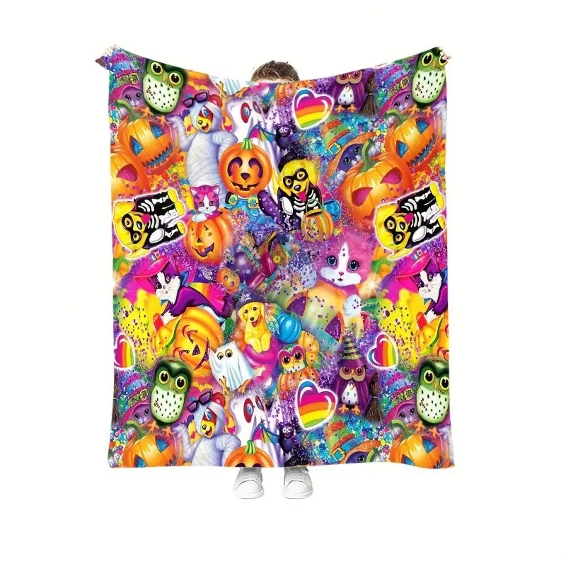 Vintage Lisa Frank Style Halloween Collage Flannel Blanket - 90s Nostalgia, Rainbow Glitter, Pumpkin, Ghost, Kawaii Cat, Spooky Cute Cozy Throw for Kidcore Dorm Bedroom Decor
