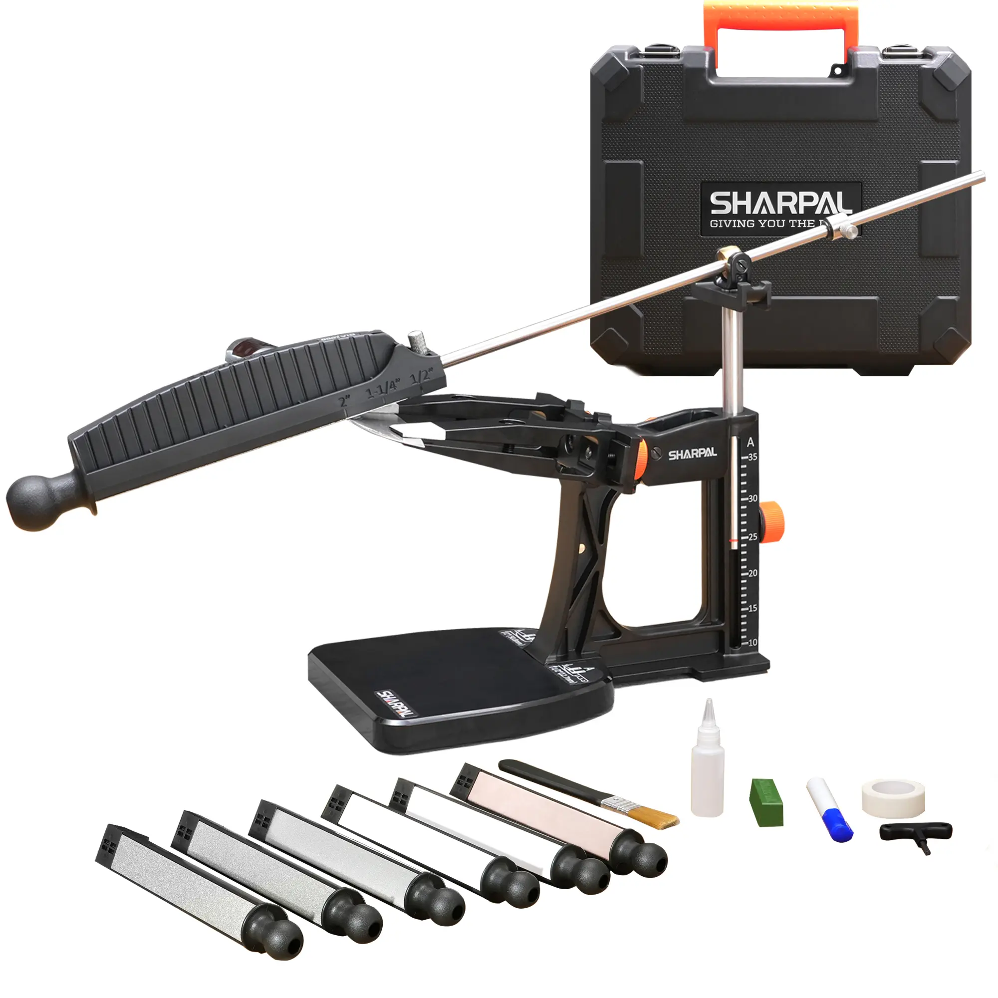 SHARPAL 202H Precision Kitchen Knife Sharpening System Complete Kit - Adjustable Angle 10-35° Angle Adjuster, 7 Abrasive Plates with Diamond Grit Range, Anti-Slip Base, Portable Metal Blade/Knives Sharpener, Giftable Carry Case