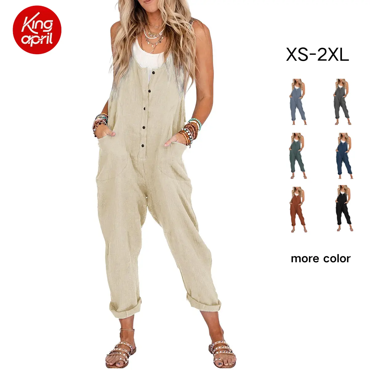 Kingapril Women's Jumpsuit, Casual V-Neck Wide Leg Overalls in Breathable Linen Cotton, with Pockets, Maternity-Friendly Trending Clothes for Women's Fashion, Lightweight, Sleeveless, Stylish Women's Wear, Rompers