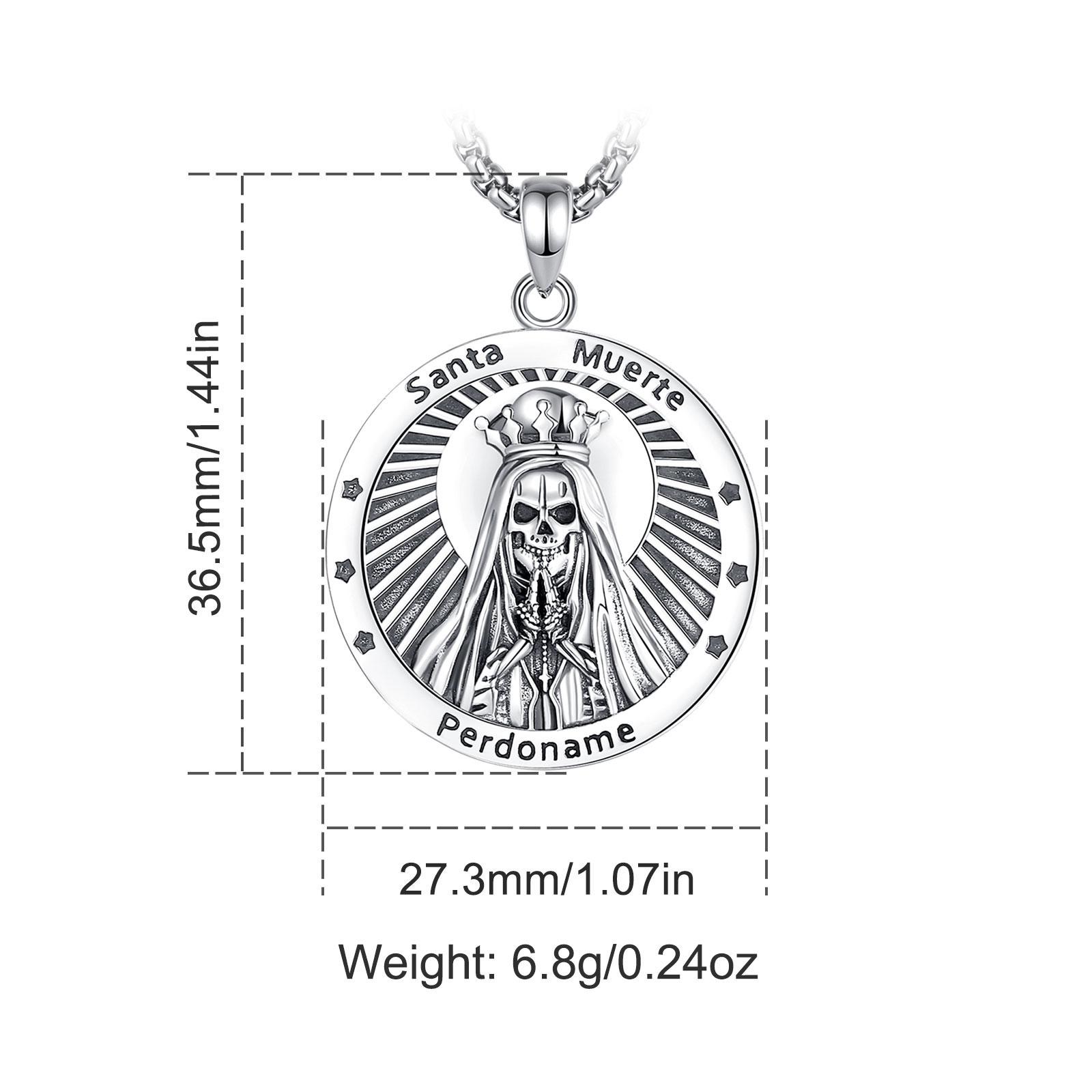 Eudora S925 Sliver Santa Muerte Necklace, Silver Grim Reaper Pendant, Mexican Saint Medallion,  Memento Mori Amulet, Protective Sigils Jewelry